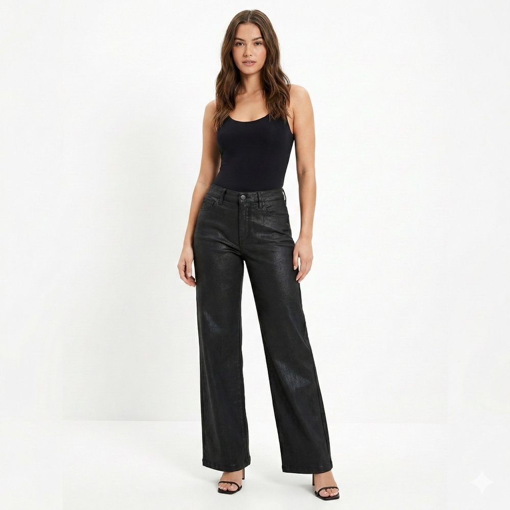 AMERICAN EAGLE Cotton Blend Black Coated Pleated Wide Leg Jeans Side Pockets 12L